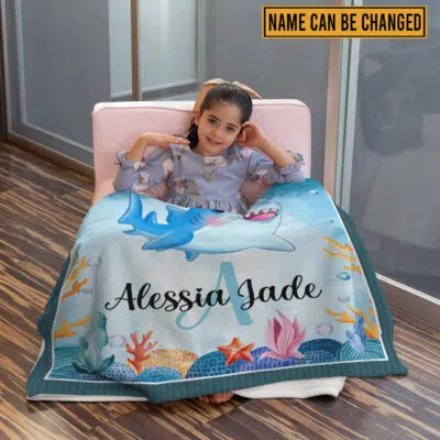 Alternative view of Personalized Shark Baby Soft Blankets - Baby Blanket for Girls Boys with Name - Custom Gift for Baby - Fleece Baby Blanket