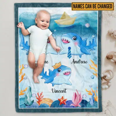 Personalized Shark Baby Family Blankets - Baby Blanket for Girls Boys with Name - Custom Gift for Baby - Fleece Baby Blanket