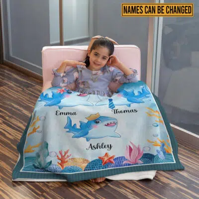 Alternative view of Personalized Shark Baby Family Blankets - Baby Blanket for Girls Boys with Name - Custom Gift for Baby - Fleece Baby Blanket