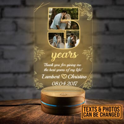 Personalized Happy Anniversary 5th Wedding Gift for Couples - Romantic Custom Gifts for Him or Her - Wedding Anniversary Date LED Light