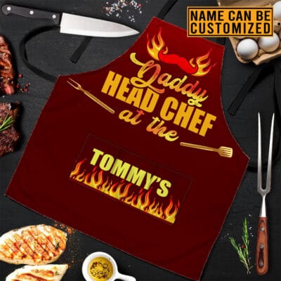 Personalized Name Daddy Head Chef Three Pocket Apron - BBQ Kitchen Cooking Chef Birthday Christmas Fathers Day - Grilling Vintage Aprons for Men