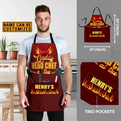 Alternative view of Personalized Name Daddy Head Chef Three Pocket Apron - BBQ Kitchen Cooking Chef Birthday Christmas Fathers Day - Grilling Vintage Aprons for Men