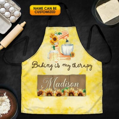 Personalized Funny Aprons for Women Baking Is My Therapy - Baking Three Pocket Apron Chef Birthday Mothers Day Gift