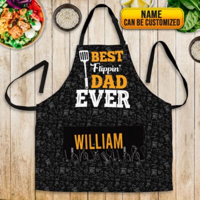 Personalized Name Flippin Dad Three Pocket Apron - BBQ Kitchen Cooking Chef Birthday Christmas Fathers Day Grilling Aprons