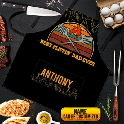 Personalized Name Flippin Dad Three Pocket Apron - BBQ Kitchen Cooking Chef Birthday Fathers Day - Grilling Vintage Aprons