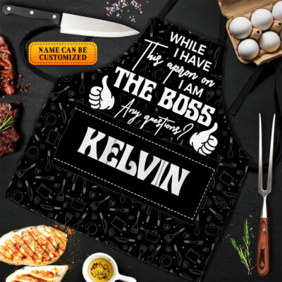 Alternative view of Personalized Kitchen Aprons While I Have This Apron On I Am The Boss Any Questions Funny Cooking Apron with Three Pockets - Adjustable Neck Strap
