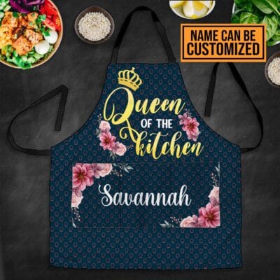 Personalized Kitchen Aprons For Women Queen Of The Kitchen Funny Cooking Apron with Three Pockets - Adjustable Neck Strap