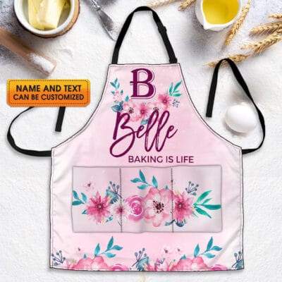 Personalized Kitchen Aprons For Women Custom Initial Name Flowers Funny Cooking Baking Apron with Three Pockets - Adjustable Neck Strap