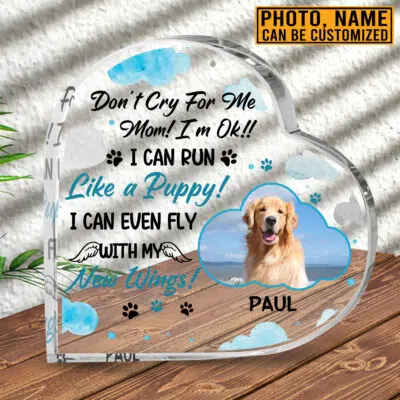 Personalized Photo Dog Memorial Gifts Don't Cry For Me Mow I'm Ok Heart Shaped Acrylic Plaque Custom Dog Breeds Gifts