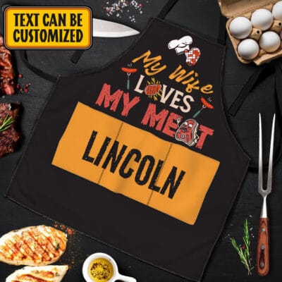 Personalized Aprons For Husband My Wife Loves My Meat Funny Cooking Apron With Three Pockets - Adjustable Neck Strap