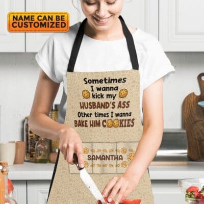 Alternative view of Personalized Best Wife Apron Gifts Sometimes I Wanna Kick My Husbands Ass Funny Cooking Apron With Three Pockets - Adjustable Neck Strap