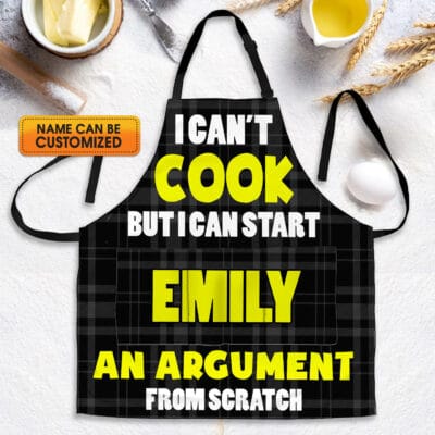 Personalized Kitchen Aprons I Can't Cook But I Can Start An Argument From Scratch Funny Cooking Apron With Three Pockets - Adjustable Neck Strap