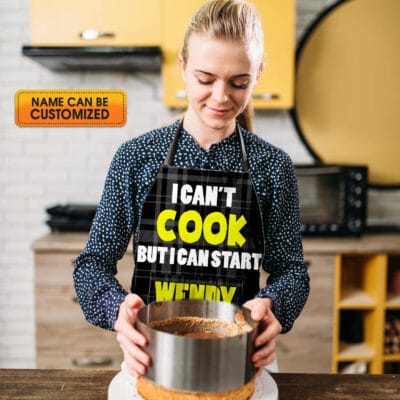 Alternative view of Personalized Kitchen Aprons I Can't Cook But I Can Start An Argument From Scratch Funny Cooking Apron With Three Pockets - Adjustable Neck Strap