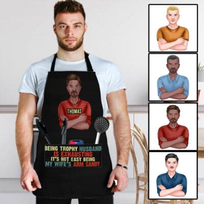 Alternative view of Personalized Husband Gifts Being Trophy Husband Is Exhausting Funny Vintage Funny Cooking Apron With Three Pockets - Adjustable Neck Strap