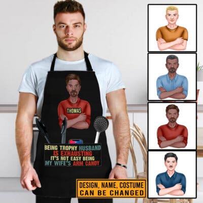 Personalized Husband Gifts Being Trophy Husband Is Exhausting Funny Vintage Funny Cooking Apron With Three Pockets - Adjustable Neck Strap