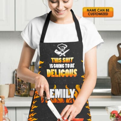 Alternative view of Personalized Kitchen Aprons This Sht Is Going To Delicious Funny Cooking Apron With Three Pockets - Adjustable Neck Strap