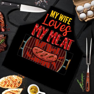 My Wife Loves My Meat Funny Husband Cooking Apron With 3 Pockets - Funny Father's Day Apron