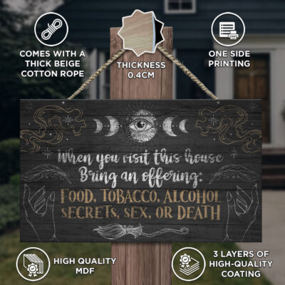 Alternative view of When You Visit This House Bring An Offering Food Tobacco Funny Witch Rectangle Wooden Door Sign - Front Porch Sign