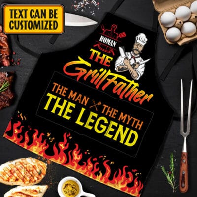 Personalized The GrillFather The Man The Myth Legend Three Pocket Apron - Aprons For Men Grill Cooking BBQ Kitchen Chef Apron
