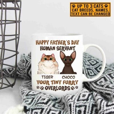 Alternative view of Personalized Cat Breeds Mug Happy Father's Day Human Servant Your Tiny Furry Overlords Ceramic Coffee Mug, Accent Mug