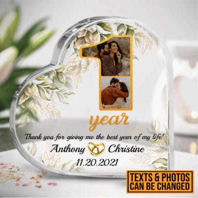 Personalized Happy Anniversary 1st Wedding Gift for Couples Heart Acrylic Plaque - Custom Gifts for Him Her. Anniversary Keepsake Paperweight