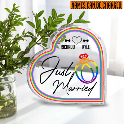 Alternative view of Personalized LGBT Wedding Just Married Heart Acrylic Plaque - Gay Wedding Two Husbands Gift