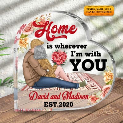 Alternative view of Personalized Anniversary Gifts Home Is Wherever I'm With You Heart Shaped Acrylic Plaque, Custom Clipart Couple Gifts