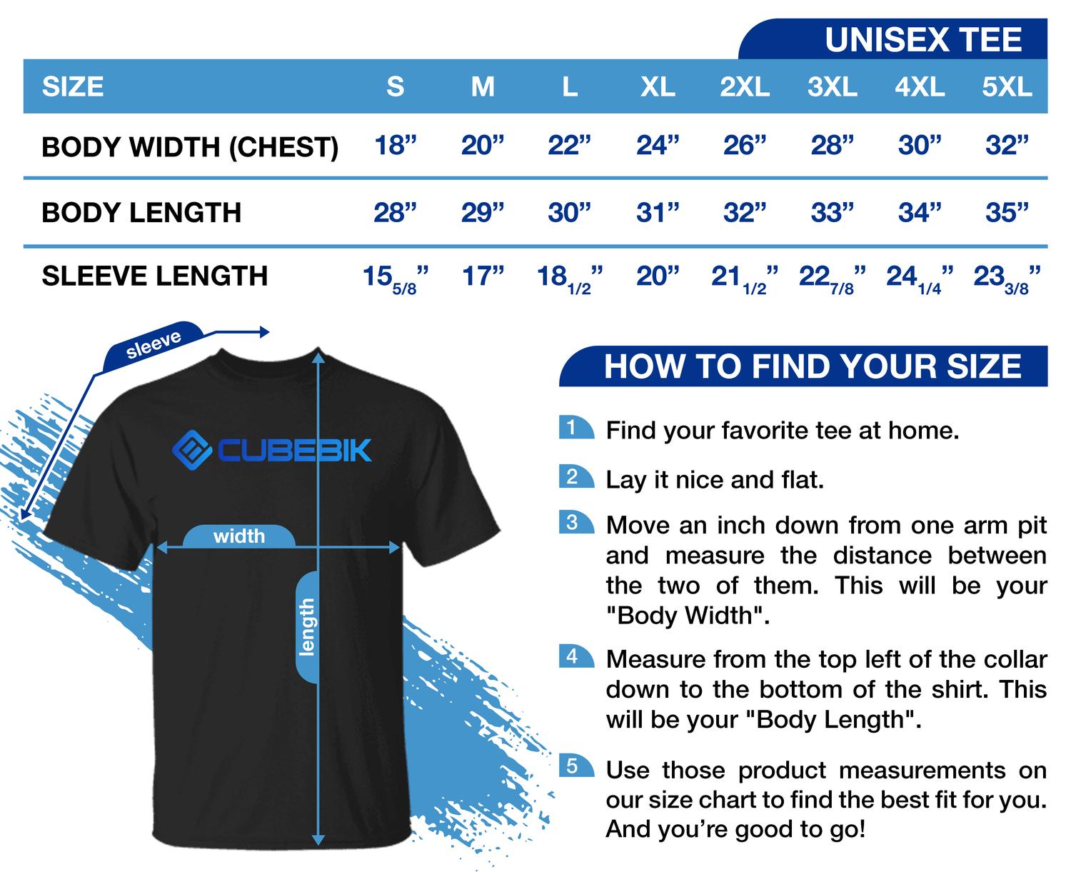 CubeBik Unisex Tee Size Chart