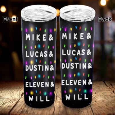 Stranger Christmas Things Lights Eleven Will Mike Dustin Lucas Gift Skinny Tumbler Cup with Lid - Double Wall Vacuum Sporty Travel Coffee Mug