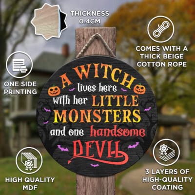 Alternative view of A Witch Lives Here With Her Little Monsters and One Handsome Devil Door Sign - Front Door Halloween Wooden Door Hangers