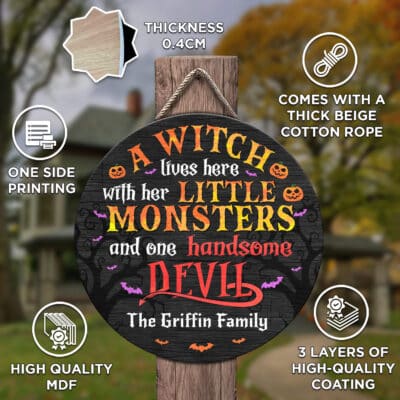 Alternative view of A Witch Lives Here With Her Little Monsters and One Handsome Devil Personalized Door Sign - Front Door Halloween Wooden Door Hangers
