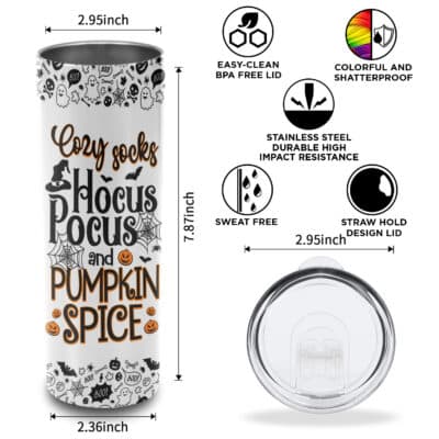 Alternative view of Cozy Socks Hocus Pocus and Pumpkin Spice Gliter Skinny Tumbler Cup with Lid - Halloween Three Witch Double Wall Vacuum Travel Coffee Mug