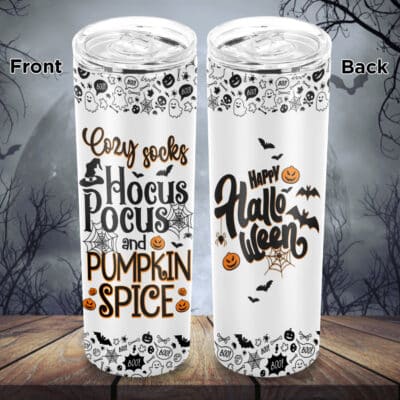 Cozy Socks Hocus Pocus and Pumpkin Spice Gliter Skinny Tumbler Cup with Lid - Halloween Three Witch Double Wall Vacuum Travel Coffee Mug