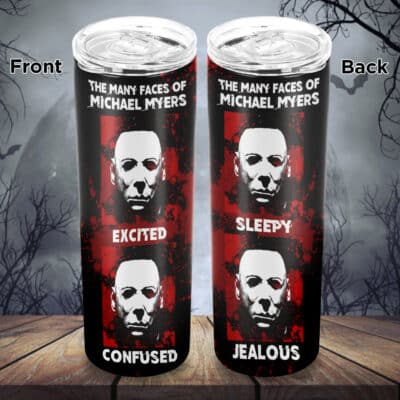 Many Faces of Michael Myers Horror Movies Character Insulated Skinny Tumbler Cup with Lid - Halloween Vacuum Insulated Travel Coffee Mug