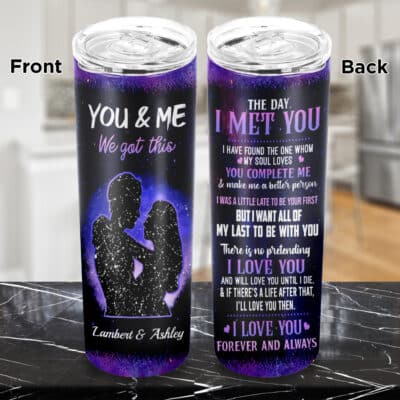 Personalized Star Map The Day I Met You I Love You Insulated Skinny Tumbler with Lid - Couple Love Double Wall Vacuum Travel Coffee Mug