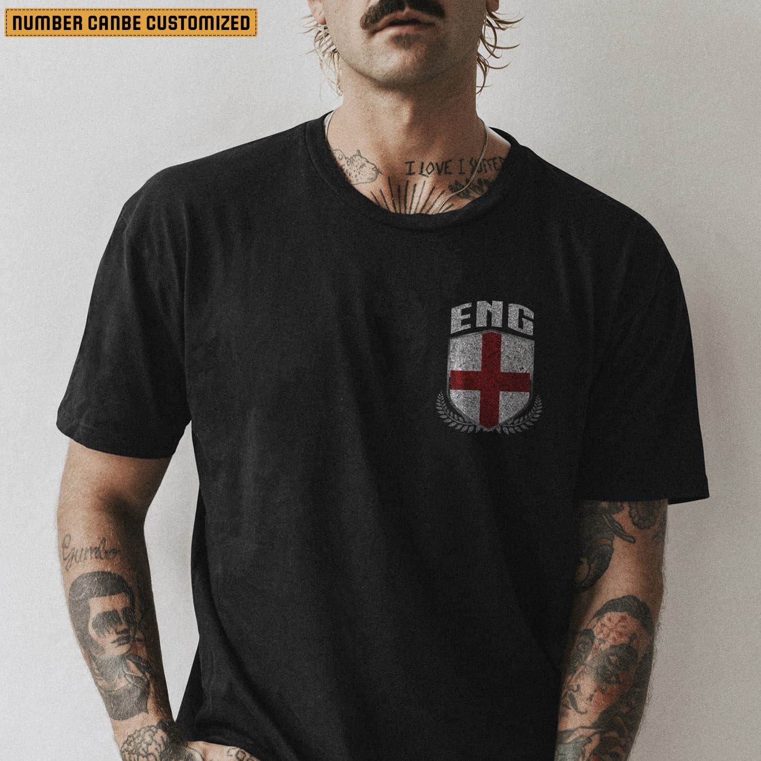 Men's black tee mockup psd on tattooed model