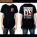 Young man in blank black t-shirt isolated on white background, Front and back views of mock up for design print.