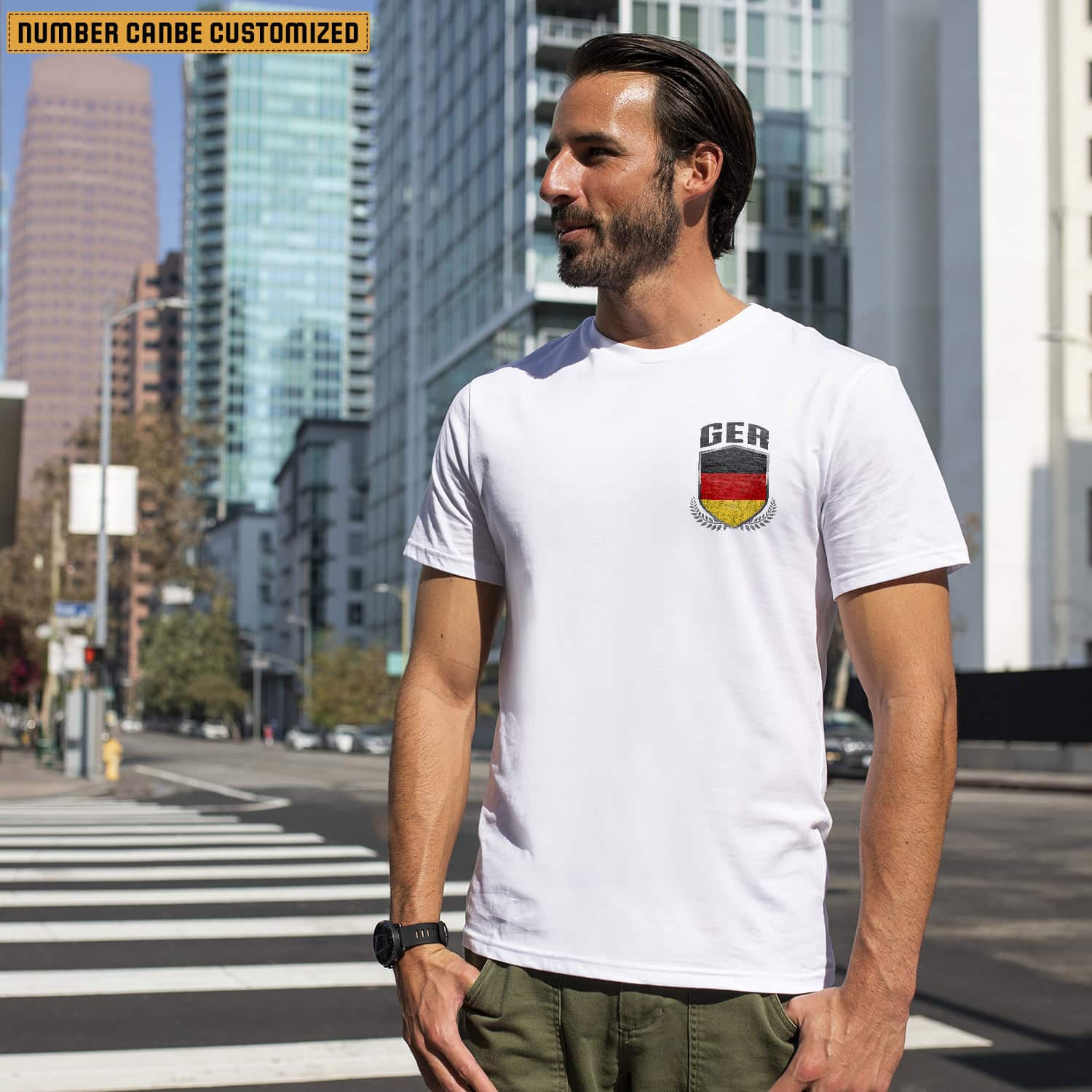 Casual dressed man crossing the road outdoor photoshoot