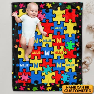 Personalized Name Autism Blanket Puzzle Cure Awareness Flannel Throw Gift for Childs Teens Adults Super Soft Convenient Comfortable Bed Sofa Couch