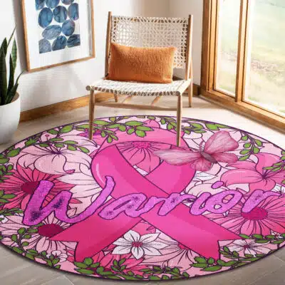 Warrior Cancer Awareness Pink Ribbon Round Rug - Breast Cancer Support Indoor Mat Gifts