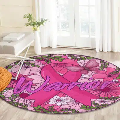 Alternative view of Warrior Cancer Awareness Pink Ribbon Round Rug - Breast Cancer Support Indoor Mat Gifts