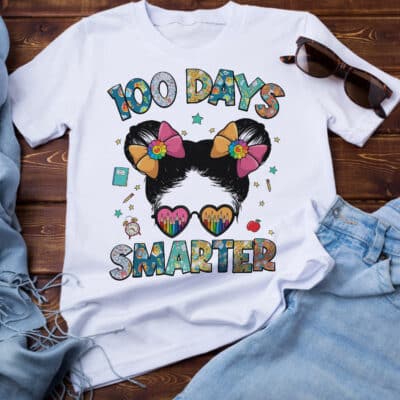 100 Days Smarter Messy Bun Hair Girl T-Shirt - Happy 100th Day Of School Girls T-Shirt
