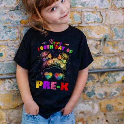 Alternative view of Happy 100th Day Of Pre-K 100 Days Of School Messy Bun Hair Girls Teacher Kids T-Shirt