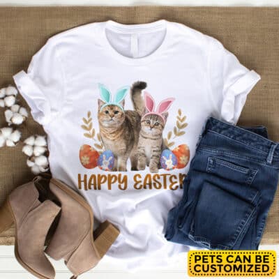 Alternative view of Personalized Cat Dog Portrait Happy Easter Shirt - Cat Dog Wearing Bunny Ear Bunny Cat Lover Drawing T-Shirt