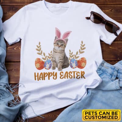 Personalized Cat Dog Portrait Happy Easter Shirt - Cat Dog Wearing Bunny Ear Bunny Cat Lover Drawing T-Shirt