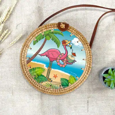 Pink Flamingo Hawaiian Tropical Rattan Bag For Women, Boho Summer Bag