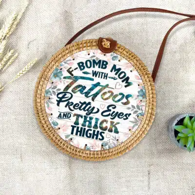 F-Bomb Mom With Tattoos Pretty Eyes and Thick Thighs Rattan Bag For Women, Boho Summer Bag
