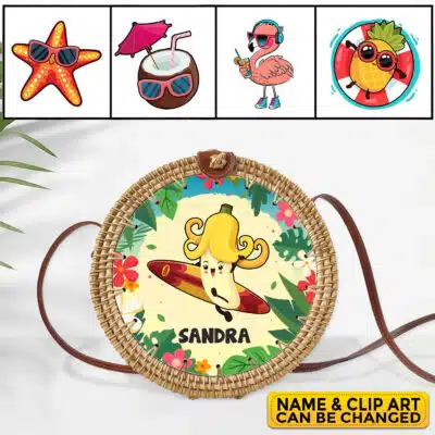 Beach Fun Personalized Name Summer Cute Funny Art Hawaiian Tropical Rattan Bag For Women, Boho Summer Bag