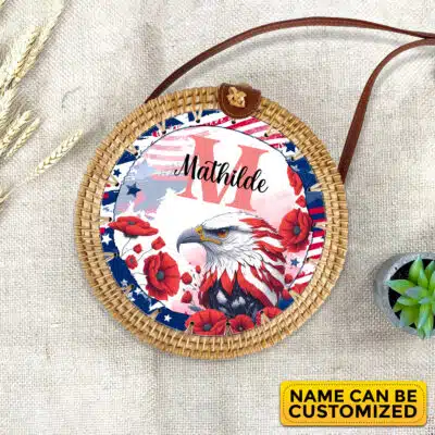 Personalized Monogram Name Eagle American Flag Hawaiian Tropical Rattan Bag For Women, Boho Summer Bag