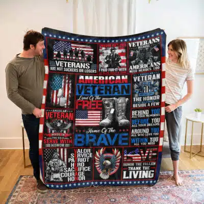 American Veteran Land Of The Free Fleece Blanket - Sherpa Blanket - Gifts For Veterans - Veteran Gifts For Men